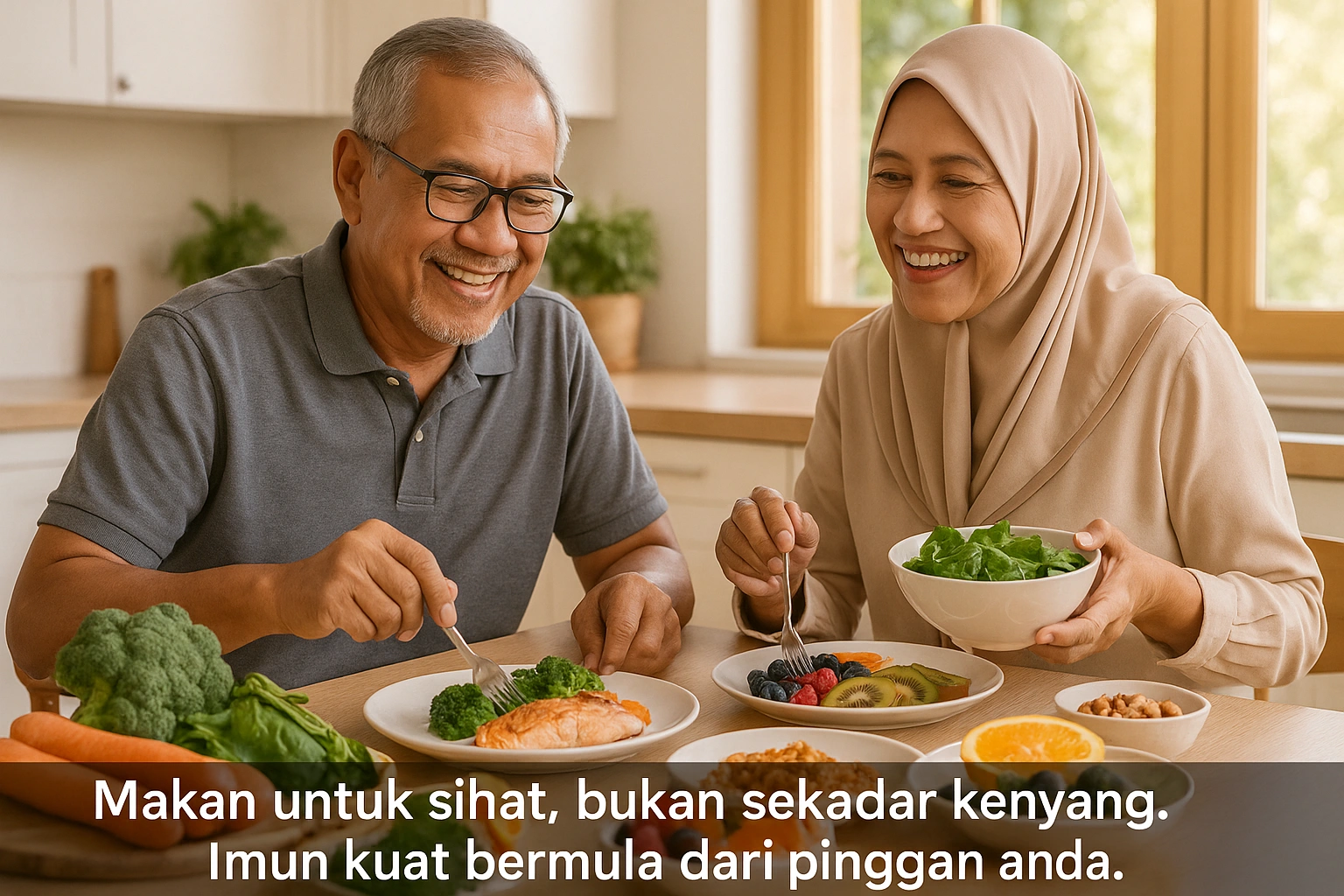 Pasangan Melayu sihat usia 50-an sedang menyediakan dan menikmati hidangan berwarna-warni kaya nutrien di dapur moden bercahaya matahari, melambangkan pemakanan sihat untuk imun kuat.